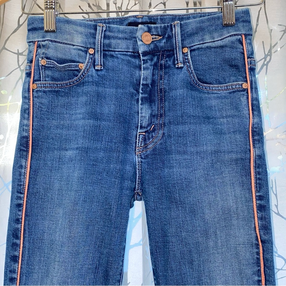MOTHER HIGH WAISTED LOOKER WHAT I HAD BEFORE I HAD YOU PINK LEG STRIPE BLUE JEAN - Picture 2 of 12